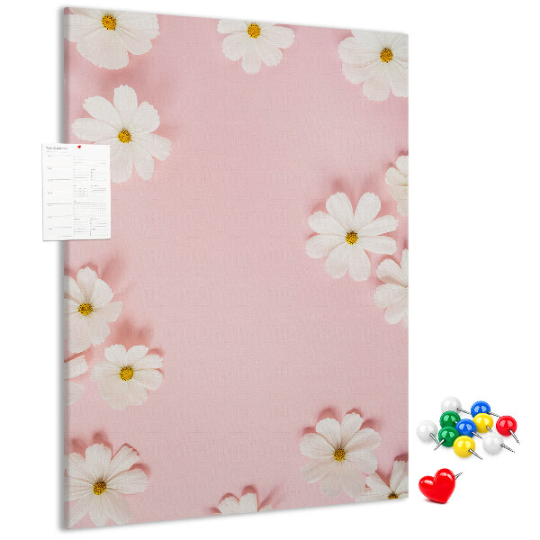 Tablero de corcho para pared con diseño de fondo rosa y flores de margarita blancas