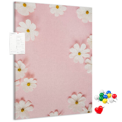 Tablero de corcho para pared con diseño de fondo rosa y flores de margarita blancas