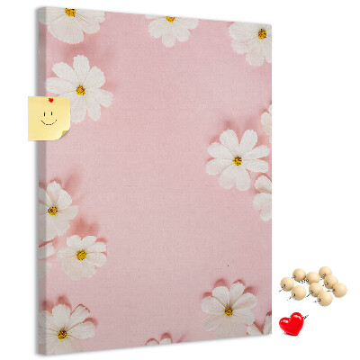 Tablero de corcho para pared con diseño de fondo rosa y flores de margarita blancas