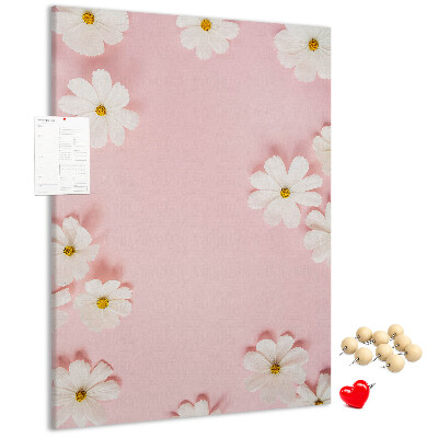 Tablero de corcho para pared con diseño de fondo rosa y flores de margarita blancas