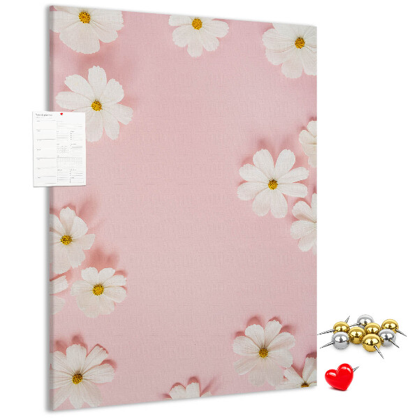 Tablero de corcho para pared con diseño de fondo rosa y flores de margarita blancas