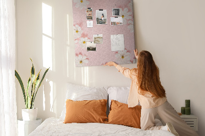 Tablero de corcho para pared con diseño de fondo rosa y flores de margarita blancas