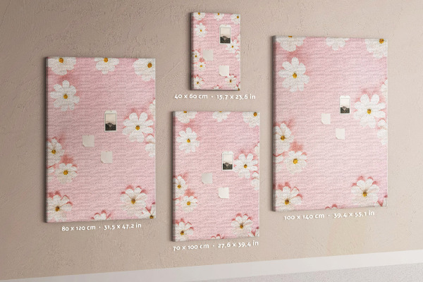 Tablero de corcho para pared con diseño de fondo rosa y flores de margarita blancas