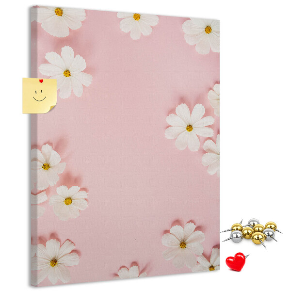Tablero de corcho para pared con diseño de fondo rosa y flores de margarita blancas