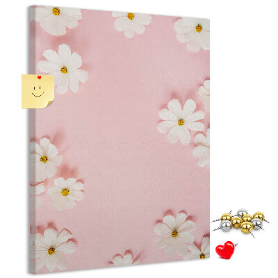 Tablero de corcho para pared con diseño de fondo rosa y flores de margarita blancas