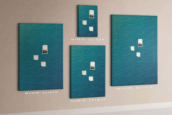 Pizarra de corcho decorativa con diseño de formas geométricas en tonos azules