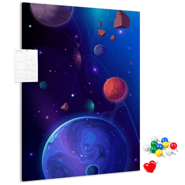 Tablero de corcho para pared con diseño de paisaje espacial de planetas y asteroides