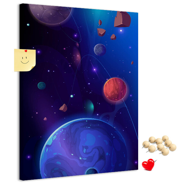 Tablero de corcho para pared con diseño de paisaje espacial de planetas y asteroides