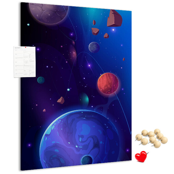 Tablero de corcho para pared con diseño de paisaje espacial de planetas y asteroides