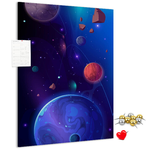 Tablero de corcho para pared con diseño de paisaje espacial de planetas y asteroides