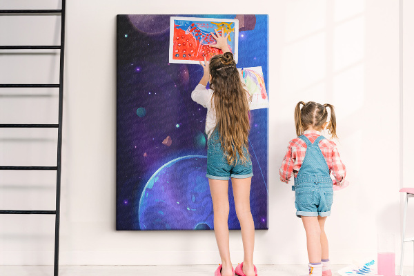 Tablero de corcho para pared con diseño de paisaje espacial de planetas y asteroides