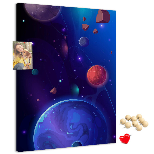 Tablero de corcho para pared con diseño de paisaje espacial de planetas y asteroides