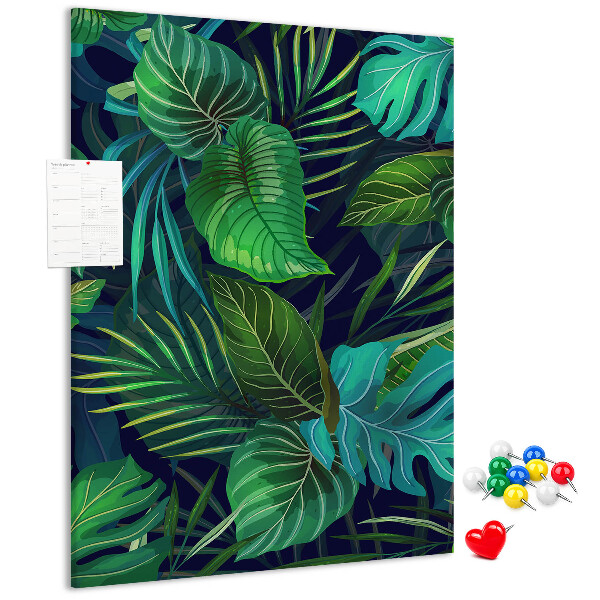 Pizarra de corcho decorativa diseño de hojas tropicales sobre fondo oscuro