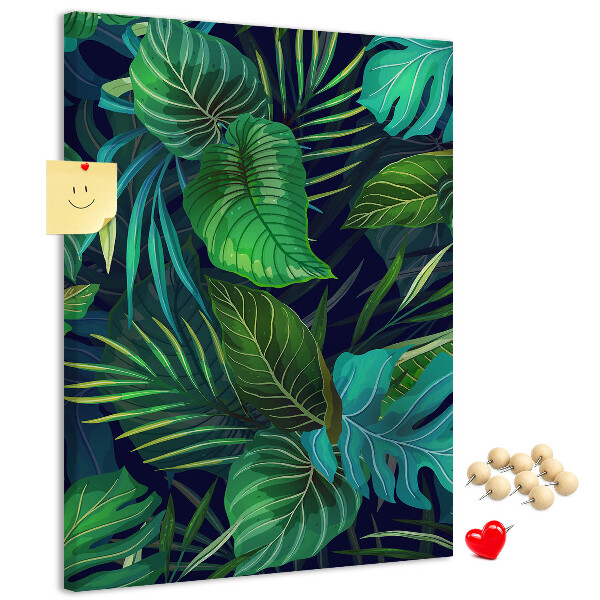Pizarra de corcho decorativa diseño de hojas tropicales sobre fondo oscuro