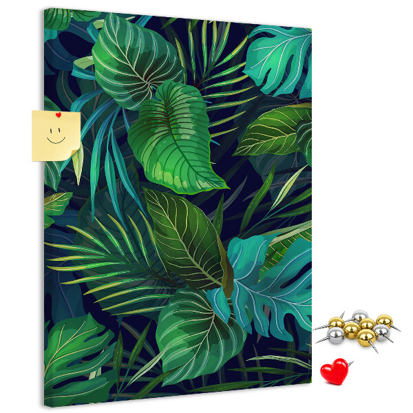 Pizarra de corcho decorativa diseño de hojas tropicales sobre fondo oscuro