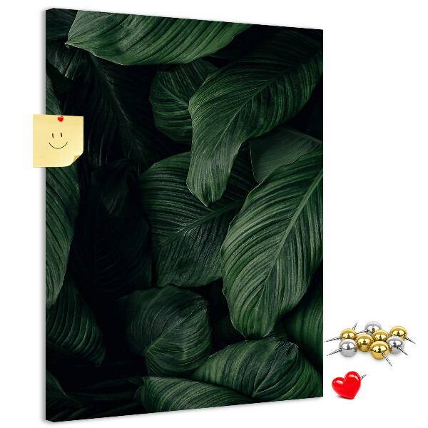 Tablero de corcho Hojas verdes sobre un fondo oscuro