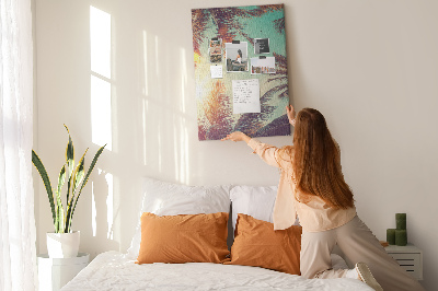 Tablero de corcho para pared diseño de hojas de palmera tropical bajo el sol poniente