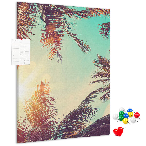 Tablero de corcho para pared diseño de hojas de palmera tropical bajo el sol poniente