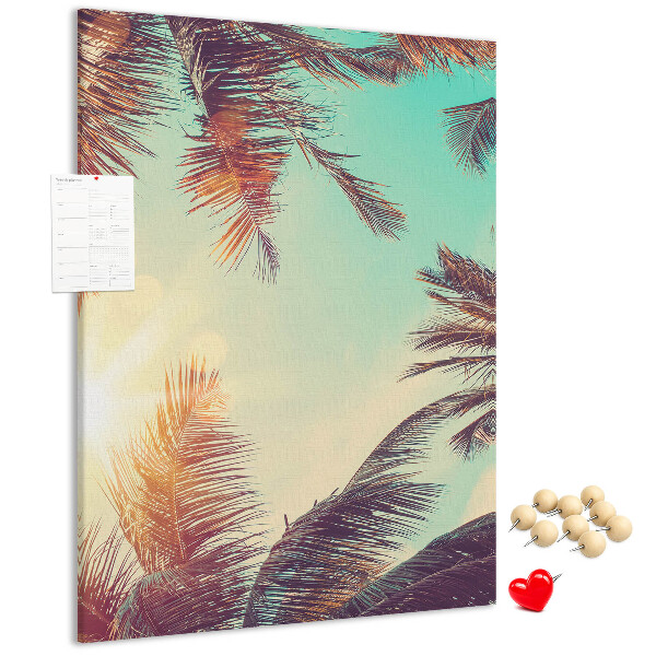 Tablero de corcho para pared diseño de hojas de palmera tropical bajo el sol poniente
