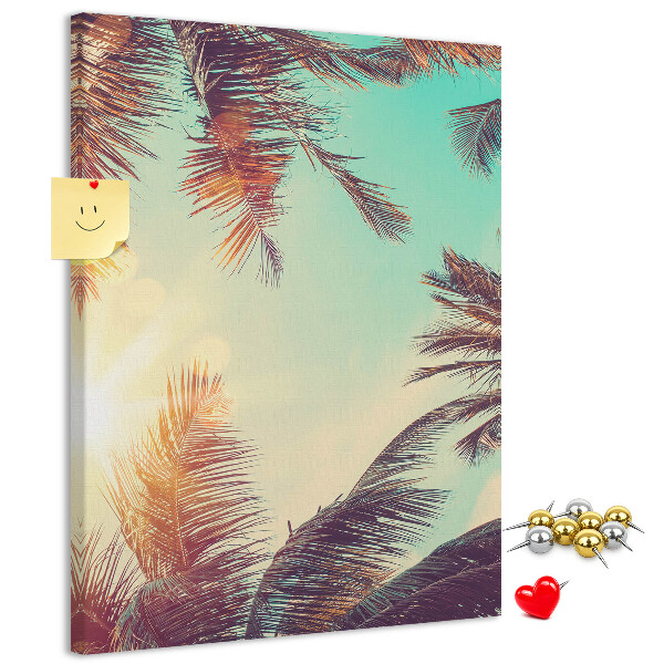Tablero de corcho para pared diseño de hojas de palmera tropical bajo el sol poniente
