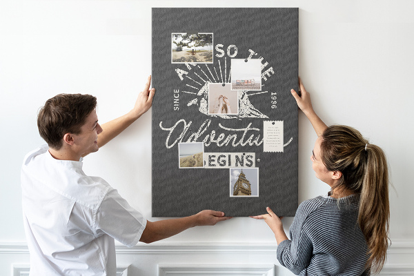 Tablero de corcho para pared con diseño de montañas y aventura al estilo clásico