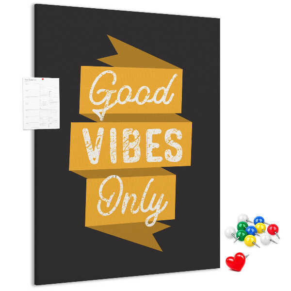 Tablero de corcho con diseño de vibraciones positivas sobre fondo oscuro