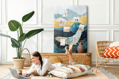 Tablero de corcho para pared diseño de ballena entre olas montañosas