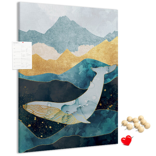 Tablero de corcho para pared diseño de ballena entre olas montañosas