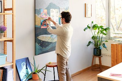 Tablero de corcho para pared diseño de ballena entre olas montañosas
