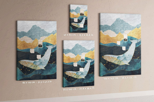 Tablero de corcho para pared diseño de ballena entre olas montañosas