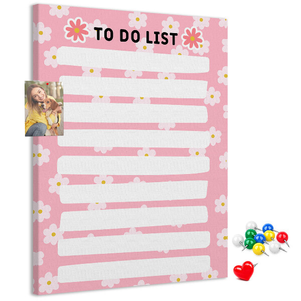 Pizarra de corcho decorativa con estampado floral sobre fondo rosa