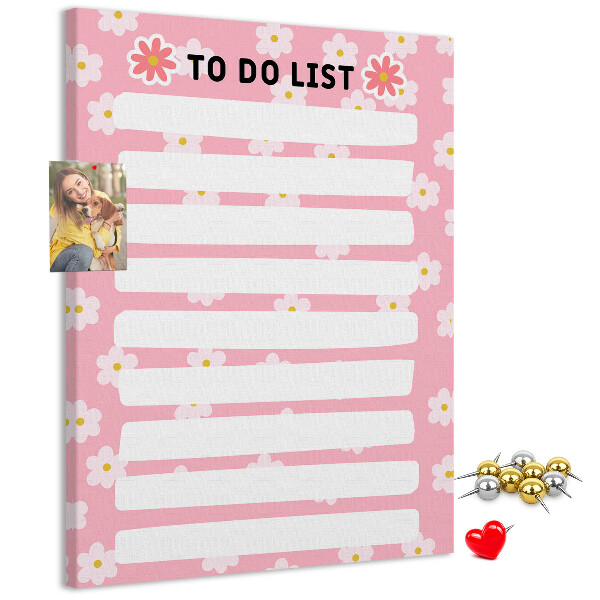 Pizarra de corcho decorativa con estampado floral sobre fondo rosa