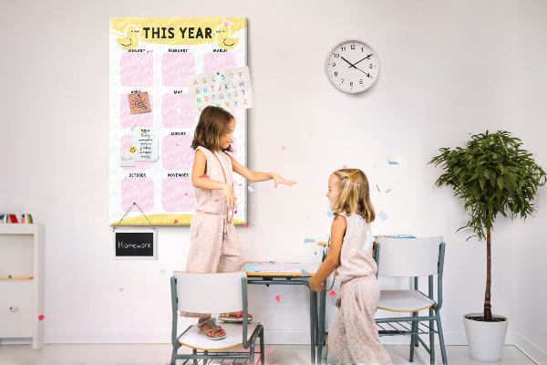 Pizarra de corcho decorativa calendario alegre con motivo de pájaros