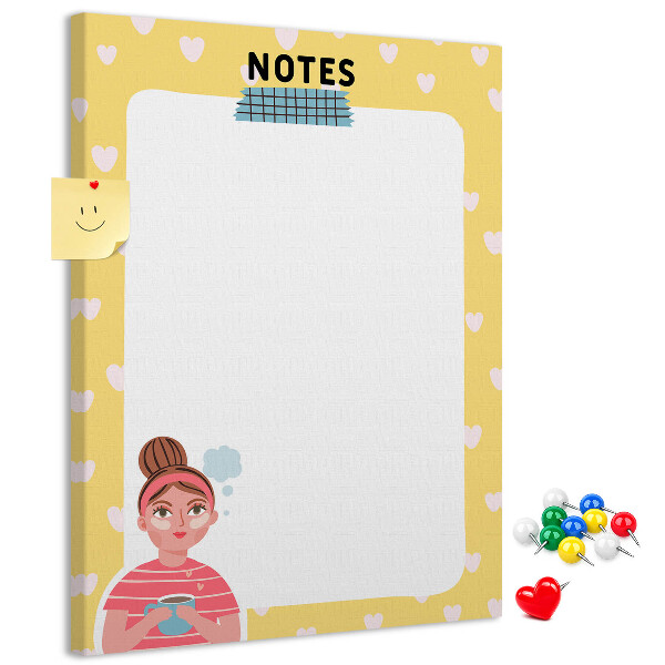 Tablero de corcho para pared diseño con cuaderno, corazones y una taza