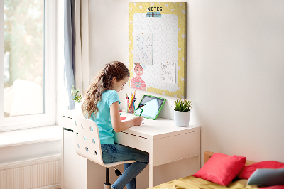 Tablero de corcho para pared diseño con cuaderno, corazones y una taza