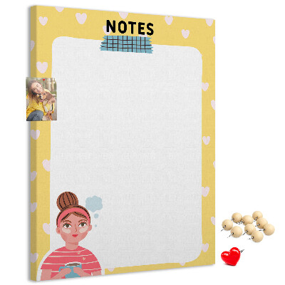 Tablero de corcho para pared diseño con cuaderno, corazones y una taza