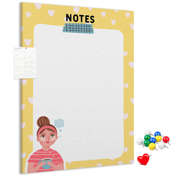 Tablero de corcho para pared diseño con cuaderno, corazones y una taza