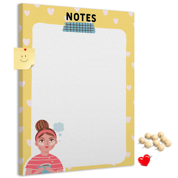 Tablero de corcho para pared diseño con cuaderno, corazones y una taza