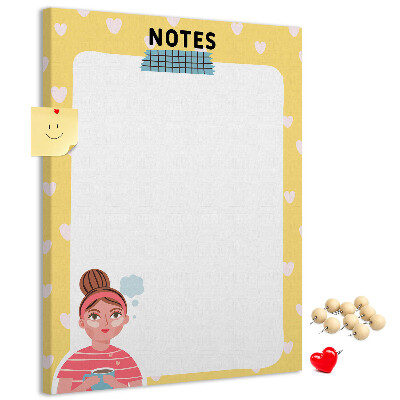 Tablero de corcho para pared diseño con cuaderno, corazones y una taza