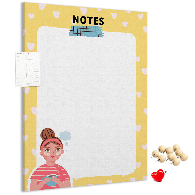 Tablero de corcho para pared diseño con cuaderno, corazones y una taza