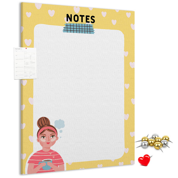 Tablero de corcho para pared diseño con cuaderno, corazones y una taza