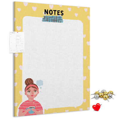 Tablero de corcho para pared diseño con cuaderno, corazones y una taza