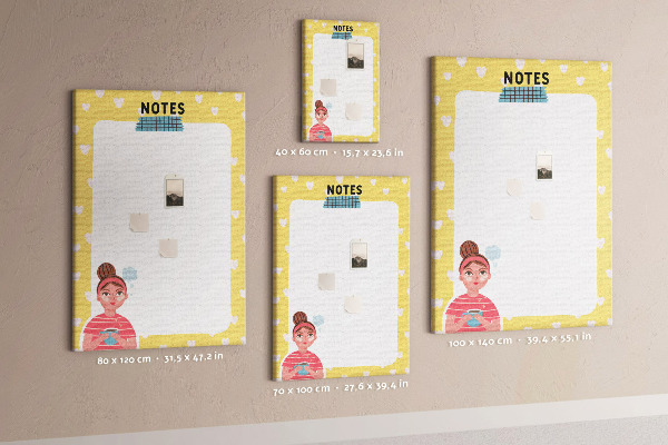 Tablero de corcho para pared diseño con cuaderno, corazones y una taza