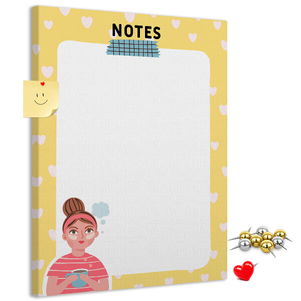 Tablero de corcho para pared diseño con cuaderno, corazones y una taza