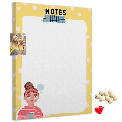 Tablero de corcho para pared diseño con cuaderno, corazones y una taza