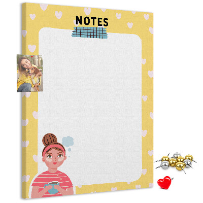 Tablero de corcho para pared diseño con cuaderno, corazones y una taza