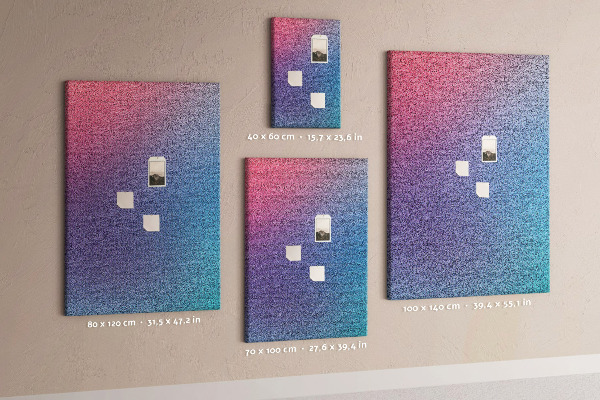 Pizarra de corcho decorativa con diseño degradado en tonos rosas y morados