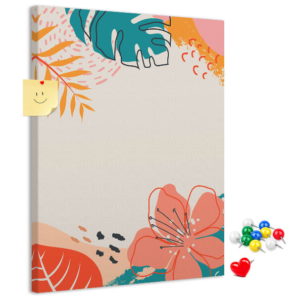 Pizarra de corcho decorativa con diseño de hojas y flores tropicales en tonos pastel