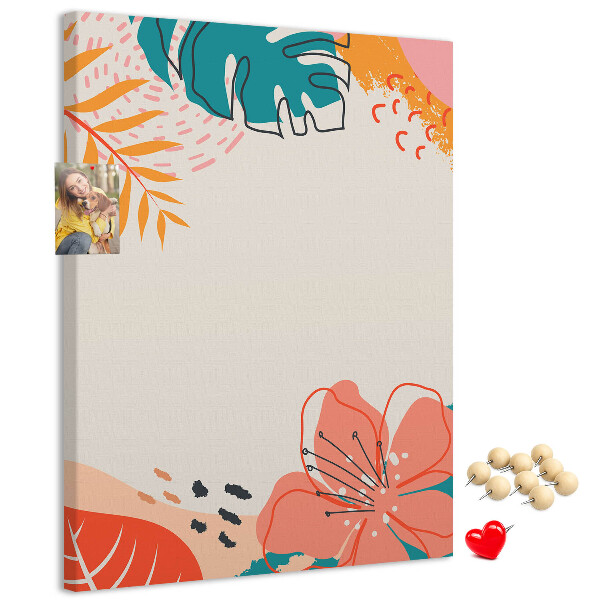 Pizarra de corcho decorativa con diseño de hojas y flores tropicales en tonos pastel