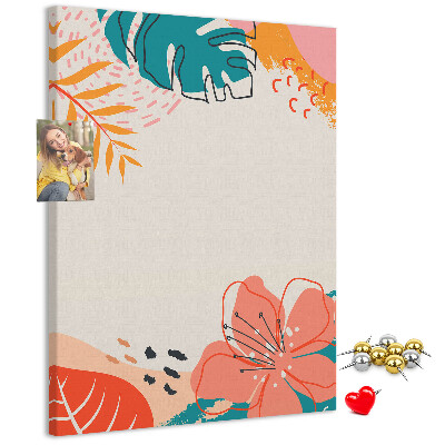 Pizarra de corcho decorativa con diseño de hojas y flores tropicales en tonos pastel